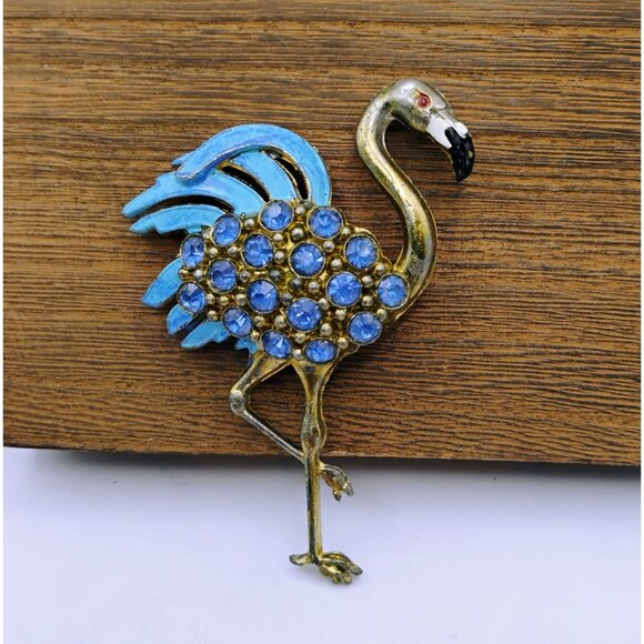 Vintage Flamingo Brooch With Blue Rhinestones & Enamel Gold-Tone Metal - Picture 2 of 5